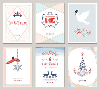 Elegant vertical winter holidays greeting cards with New Year tree, dove, reindeers, snowflake, Christmas ornaments and ornate typographic design. Vector illustration.