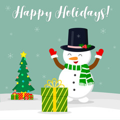 New Year and Christmas card. Cute snowman in a hat rejoices gift. Christmas tree and boxes with gifts in the winter against the background of snowflakes. Cartoon style, vector
