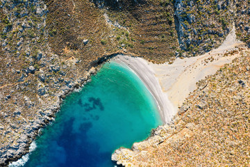 Bird's eye view of bay with beautiful beach near Sikati cave, Kalymnos, Greece