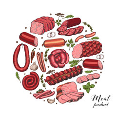 Isolated circle with different color meat products in sketch style.