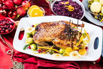 Christmas roast duck served on a festive table