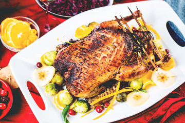 Christmas roast duck served on a festive table