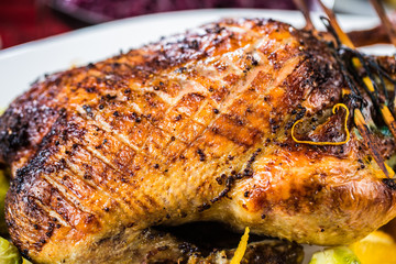 Christmas roast duck served on a festive table