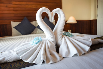 Fototapeta na wymiar Love concept honeymoon bed for bedroom decoration