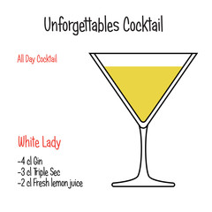 White lady alcoholic cocktail vector illustration recipe isolated