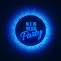 New 2019 Year party banner. Seasonal holiday vector invitation template with retro neon blue glittering halftone pattern. Greeting card, poster or banner design template