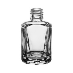 empty glass transparent bottle for perfumery, on white background, isolate