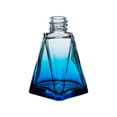 empty glass blue bottle for perfumery, on white background, isolate