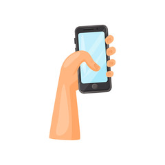 Human left hand holding smartphone. Mobile phone with touch screen. Modern gadget. Flat vector icon