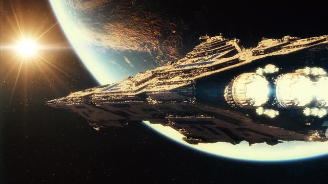 Beautiful scene with a huge spaceship orbiting earth in 4K