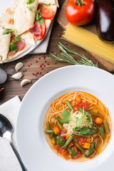 Italian cuisine minestrone soup served for lunch