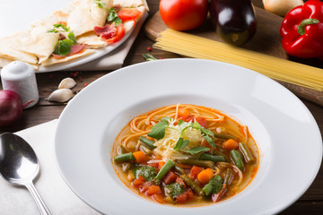 Italian cuisine minestrone soup served for lunch