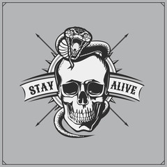 Emblem whith skull and snake. Print design for t-shirts.