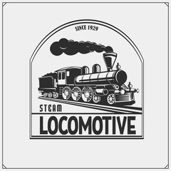 Naklejka premium Set of retro trains emblems, labels, badges and design elements. Print design for t-shirts.