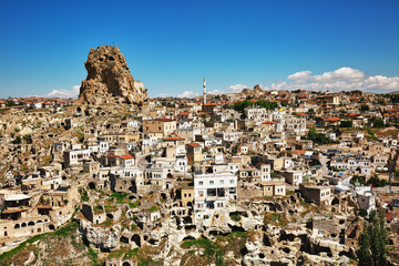 Fototapeta na wymiar View to Ortahisar cave fortress, popular tourist attraction in Cappadocia, Turkey
