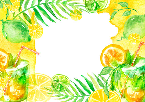 Watercolor drawing - cocktail of fruits, circe, orange, grapefruit  slice, lime, mint, ice. Cool drink with ice. Watercolor card, greeting card of green,yellow, abstract spot. Splash, bright streaks