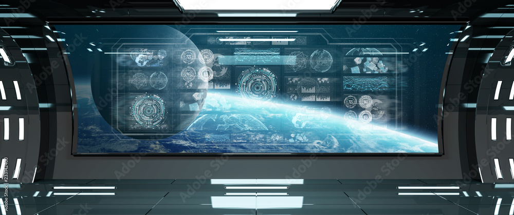 Poster dark spaceship interior with control panel digital screens 3d rendering