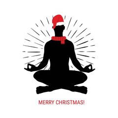 Yoga christmas. Vector christmas card with yoga man in Santa hat