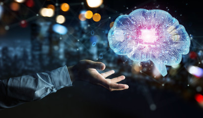 Businessman creating artificial intelligence in a digital brain 3D rendering