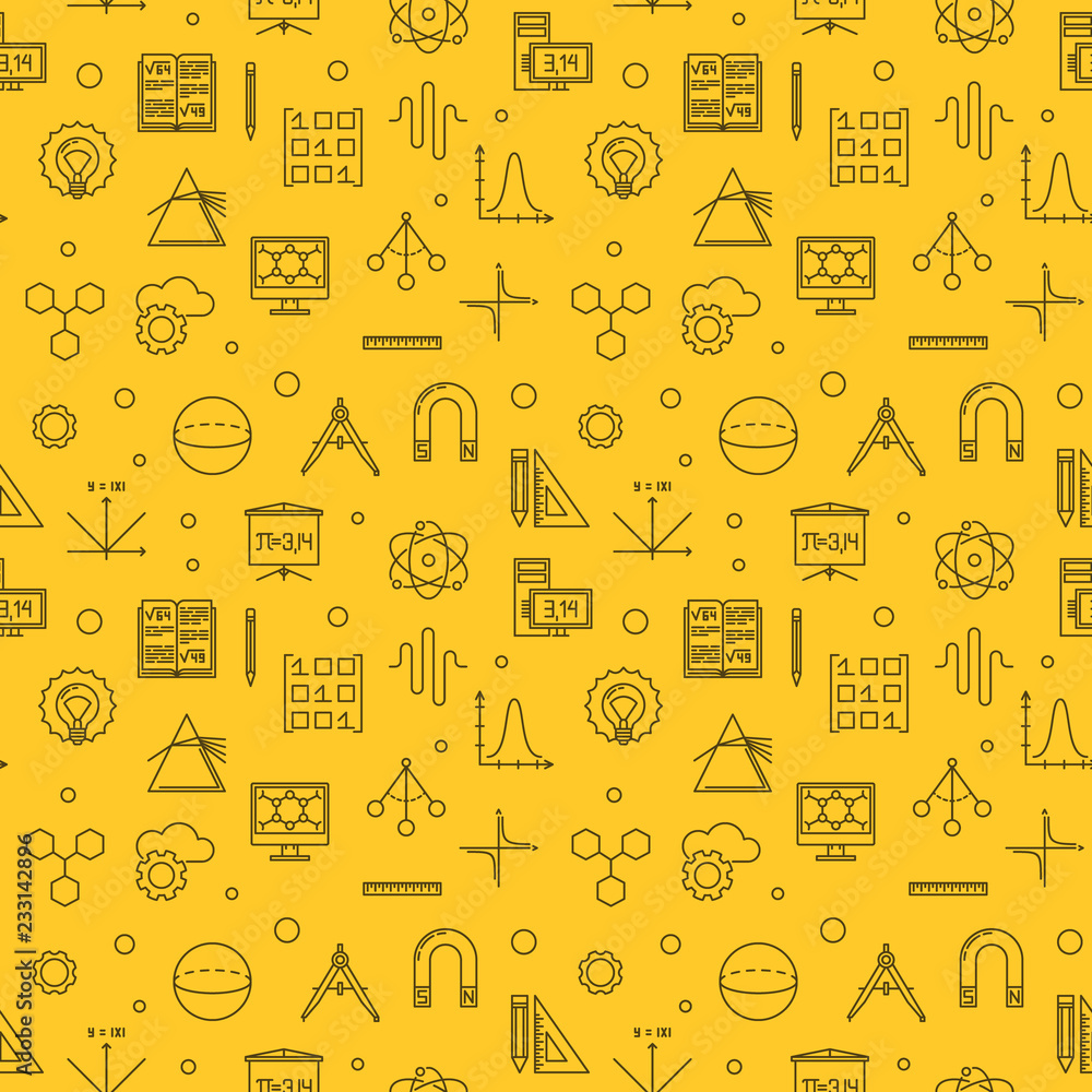 Aufkleber science, technology, engineering and mathematics seamless vector linear pattern on yellow background