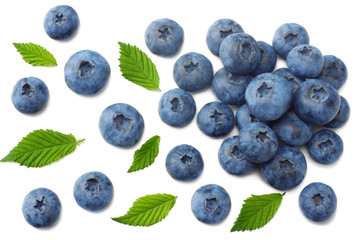 healthy background. blueberries with leaves isolated on white background. top view