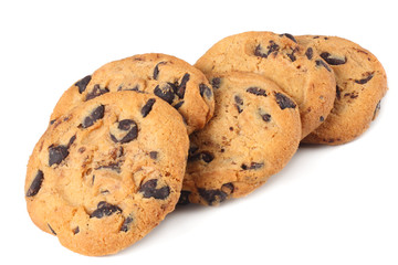 Chocolate chip cookies isolated on white background. Sweet biscuits. Homemade pastry.