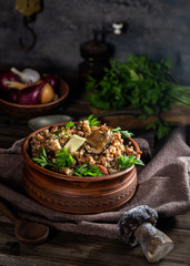 Buckwheat porridge with mushrooms in dark colors. Rustic style