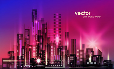 Naklejka na ściany i meble Vector night city illustration with neon glow and vivid colors.
