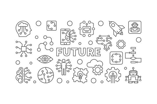 Future vector illustration in thin line style. AI and innovation concept horizontal banner