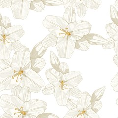 Beautiful monochrome, sepia outline seamless pattern with lilies. Hand-drawn contour lines. Design greeting card and invitation of the wedding, birthday, Valentine's Day, mother's day, other holiday.