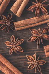Anice star and cinnamon. Toned photo. Closeup. Top view
