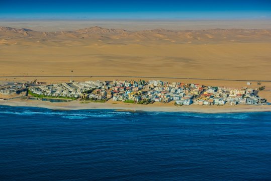 Aerial view, Long Beach Leisure Park, also Langstrand, district of Walvis Bay, between the Atlantic and Namib Desert, Erongo region, Namibia, Africa