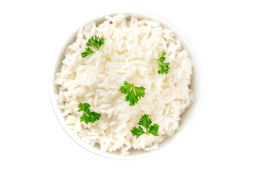 A photo of a bowl of cooked white long rice, isolated on a white background with a clopping path