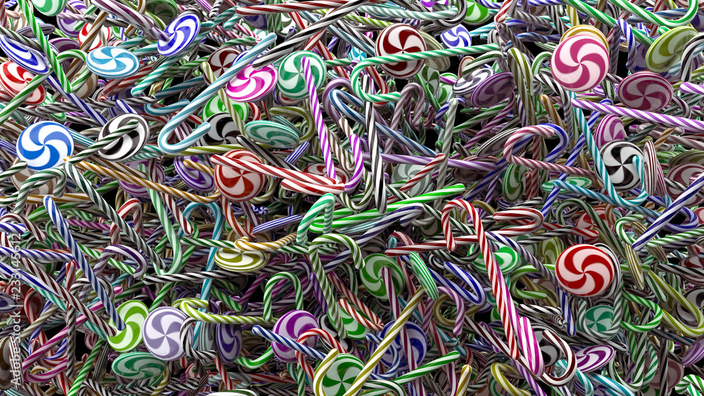 Poster 3d render abstract background with christmas candies. a lot of candies are lying on each other...