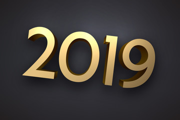 Gold 2019 New Year 3d sign on grey background.