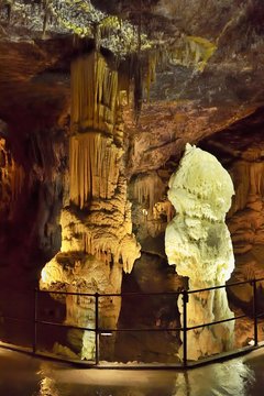 Diamond, stalactites and stalagmites have merged into a pillar, karst cave, Postojna, Slovenia, Europe