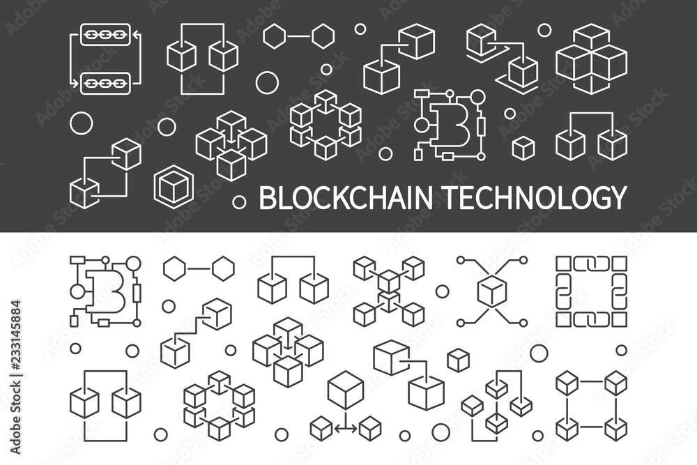 Poster blockchain technology vector concept horizontal banners set in thin line style