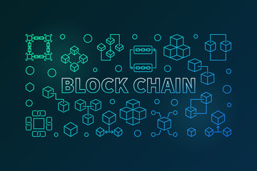 Block Chain vector colored horizontal illustration or banner in thin line style on dark background