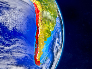 Chile on planet Earth with networks. Extremely detailed planet surface and clouds.