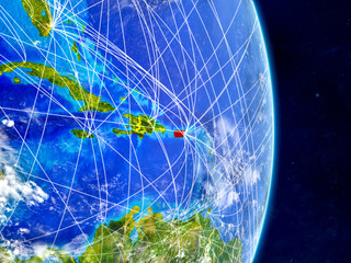 Puerto Rico on planet Earth with networks. Extremely detailed planet surface and clouds.