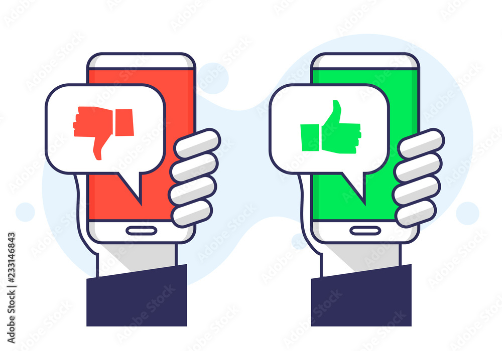 Poster vector illustration user experience feedback concept hand holding smartphone with like dislike messa