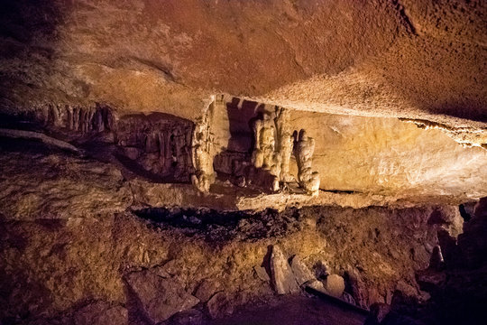 tourist landmark underground limestone cave with stalactites and stalagmites in the Crimea on mount AI-Petri