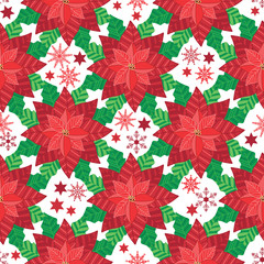 Vector Red Poinsettia with snowflakes and stars seamless pattern background.