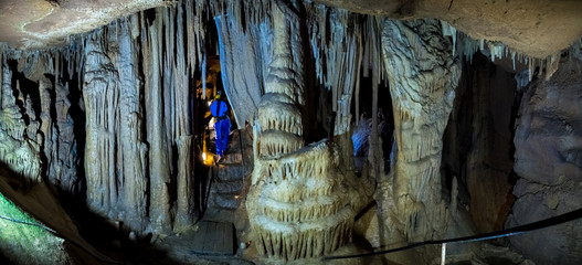 tourist landmark underground limestone cave with stalactites and stalagmites in the Crimea on mount AI-Petri