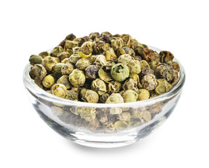 Glass bowl with spice on white background