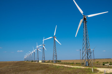 many of the old windmills standing in the fields of the Crimea in the summer day