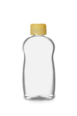 Plastic bottle of baby cosmetic on white background