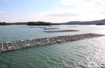 Ago bay island landscape and oyster aqua farming cultivation Shima Japan