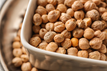 Bowl with dry chickpeas, closeup