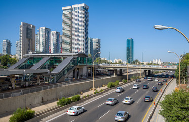 Fototapeta na wymiar Tel Aviv, Israel-30 October, 2018 : view of Ayalon highway with Park Tzameret neighborhood in the background in Tel Aviv, Israel